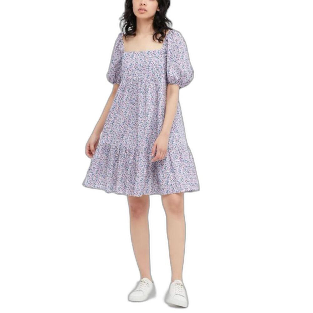 Uniqlo Women's NWOT Blue Purple Floral Square Neck SS Tiered Mini Dress Sz L